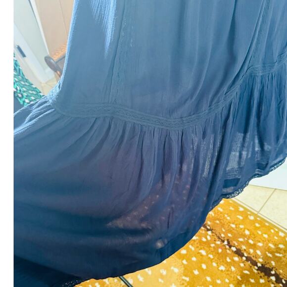 Free People Navy Boho Cottage Core Teared Lace Hi Low Maxi Dress Bell Sleeve 2 - Picture 11 of 16